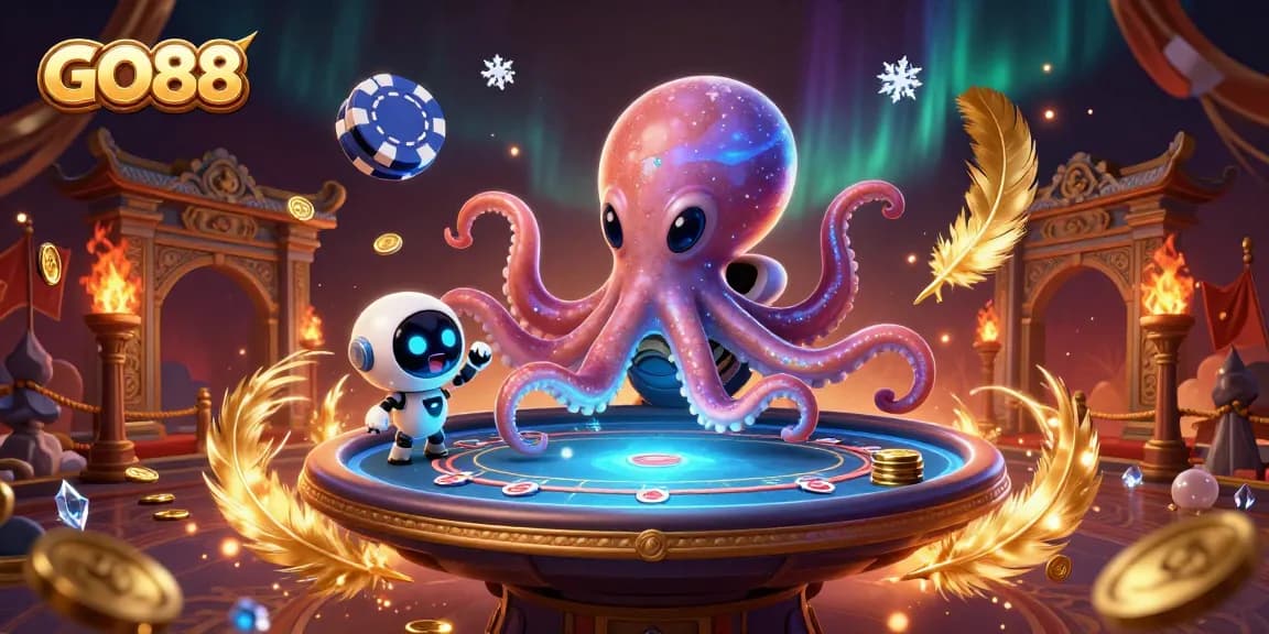 Experience gaming strategy at GO88 with an alien octopus and robot in a vibrant casino setting.