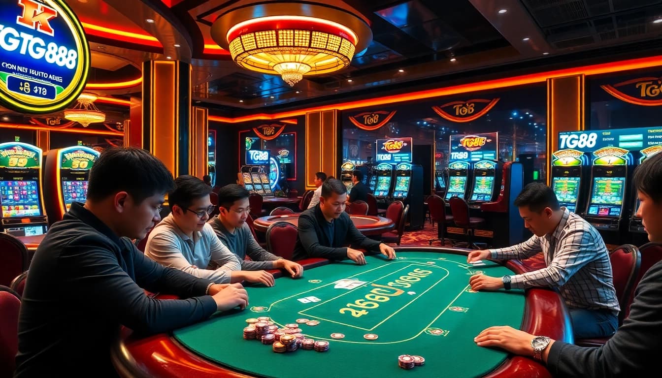 Experience the thrilling gameplay of tg88 with poker and vibrant casino elements in an upscale setting.