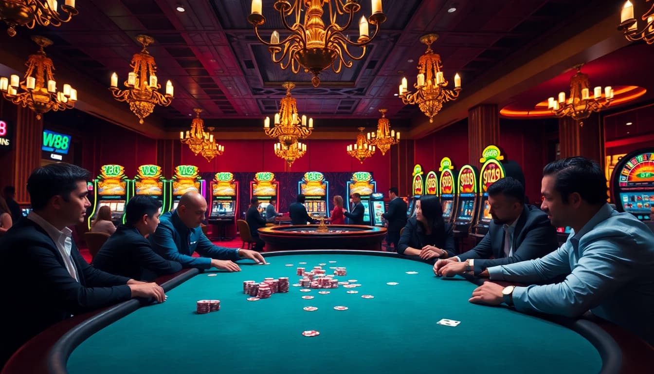 W88 players engaging in high-stakes action at a luxurious casino table.