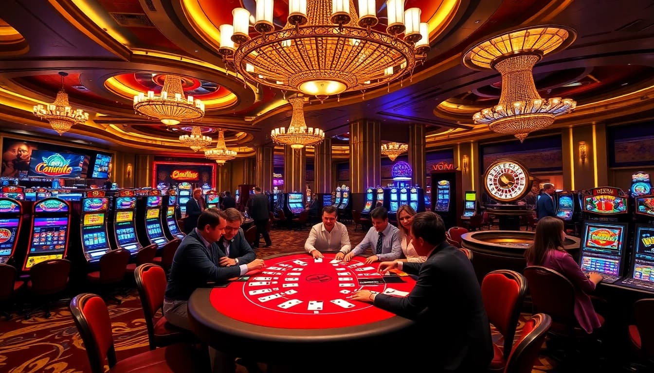 Players celebrating a win at a blackjack table in a luxurious casino with 7M branding elements.