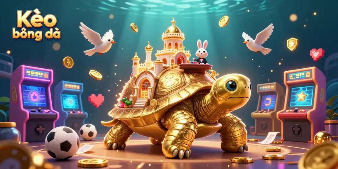 Bet on Kèo bóng đá with a dynamic scene featuring a golden tortoise casino, sports elements, and vibrant arcade games.