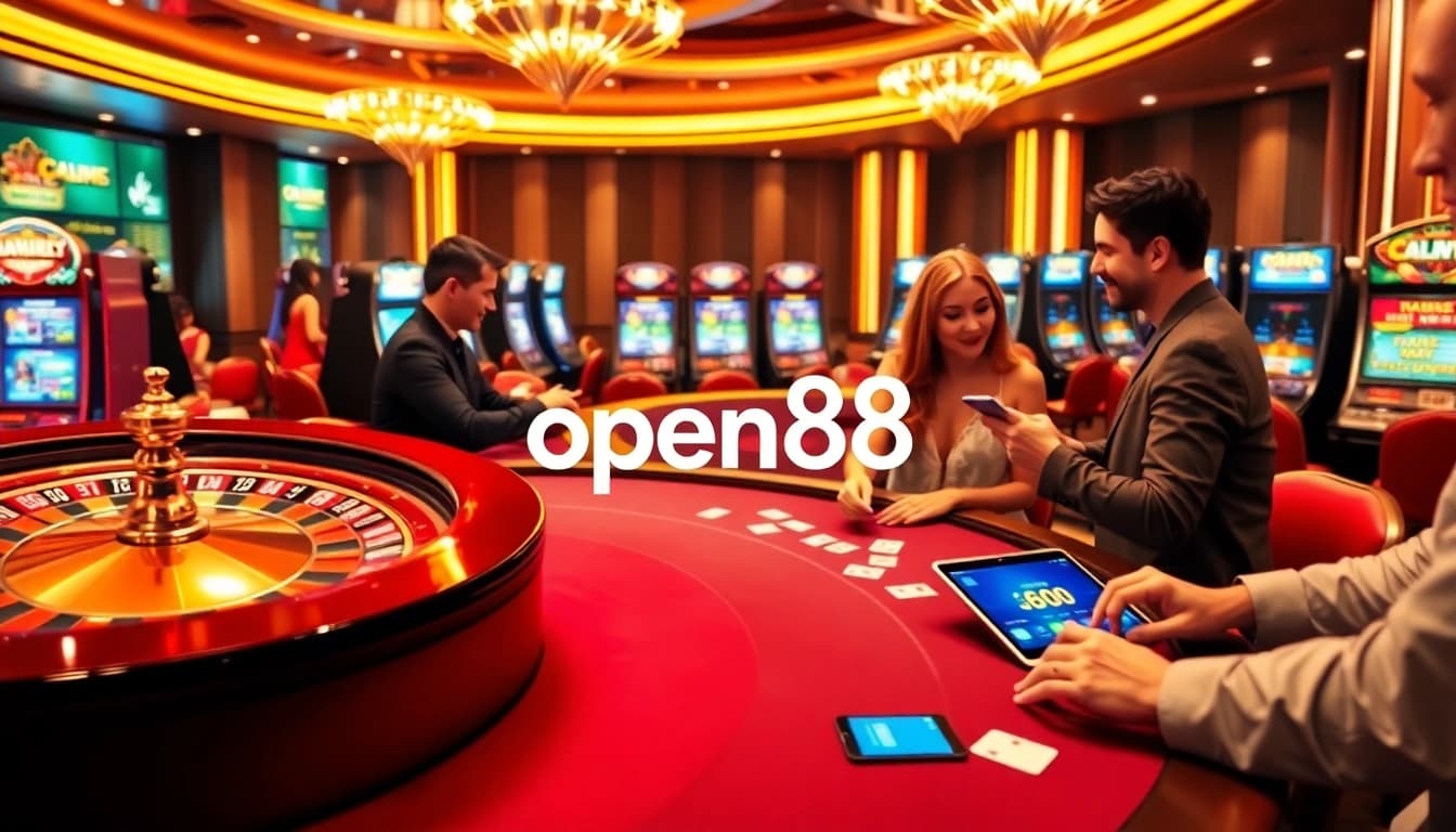 Experience thrilling games at open88, with poker chips and a roulette wheel at the casino.