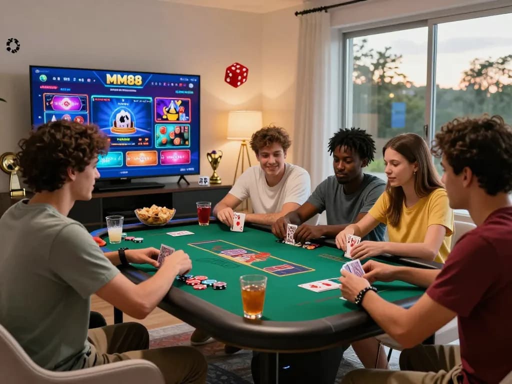 Friends enjoying a lively game night featuring MM88 online casino interface, snacks, and drinks.