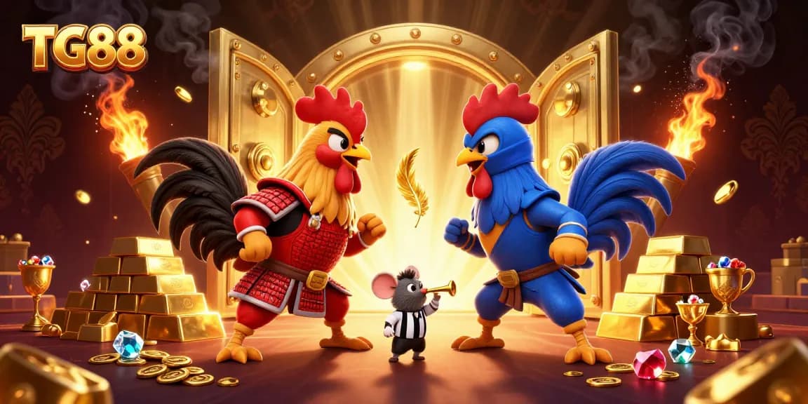 View an epic clash of TG88's roosters in a vibrant online casino scene, showcasing thrilling action and dynamic gold elements.