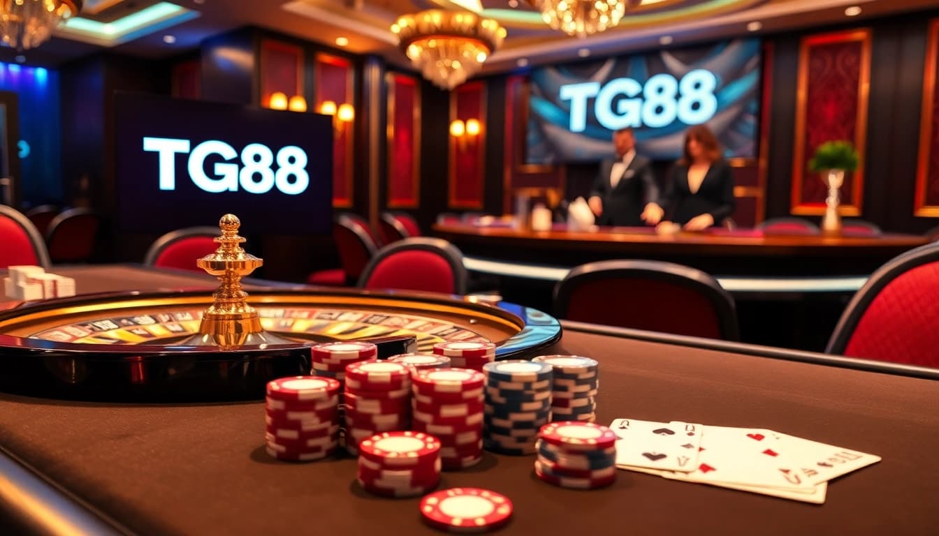 TG88 players enjoying a luxurious casino experience with poker chips and roulette wheel.