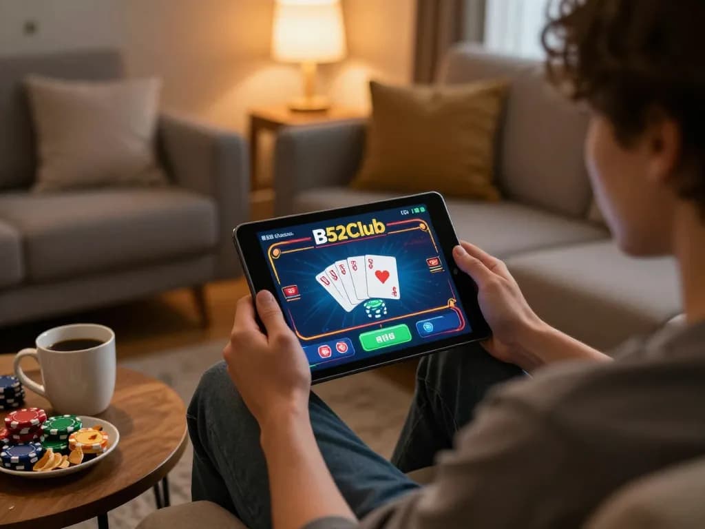 B52Club player enjoying a poker game on tablet in a cozy home setting.