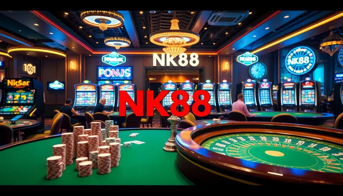 Players engaging in thrilling poker games at NK88 casino, showcasing excitement and luxury.