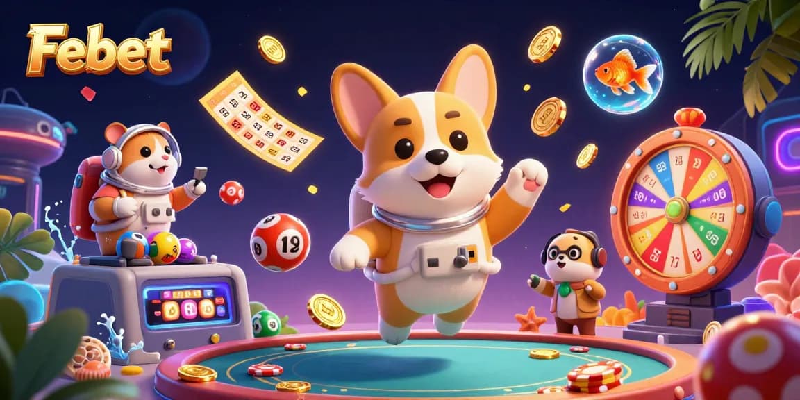 Engage with Febet's exciting casino experience featuring vibrant floating characters and dynamic lottery elements.