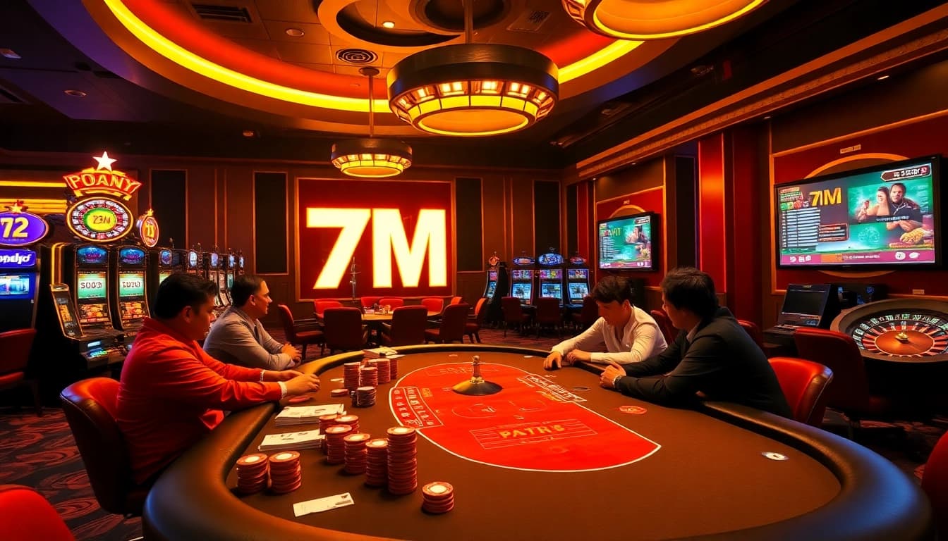 Experience thrilling gameplay at a casino table with 7M poker chips and lively action.