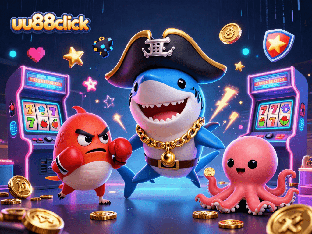 uu88click engages players in vibrant casino adventures with a pirate shark and treasures.