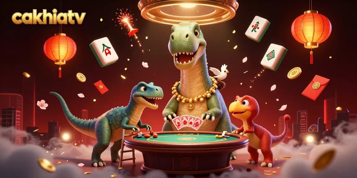 Cakhiatv brings excitement with a giant dinosaur dealer and rich casino elements in a lively scene.