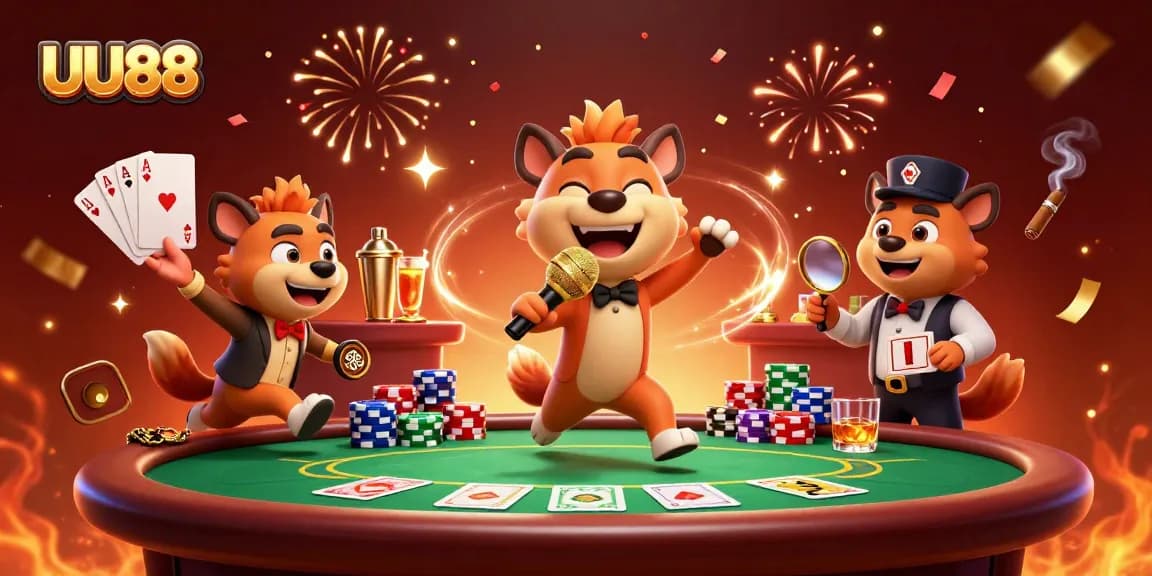 Experience the lively UU88 comedy casino scene with hyenas enjoying poker and drinks.