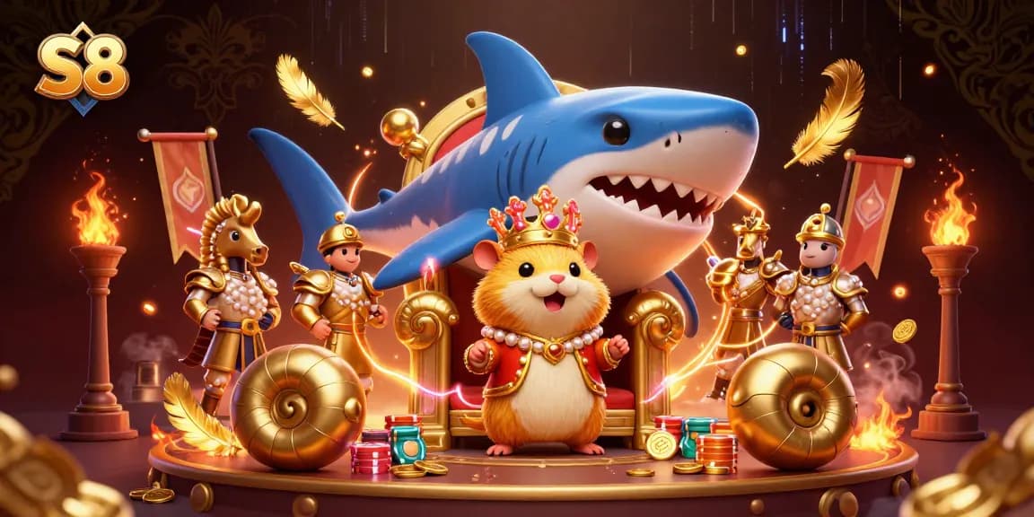 S8 captivates players with a fierce hamster king atop a megalodon throne in an enticing casino scene.