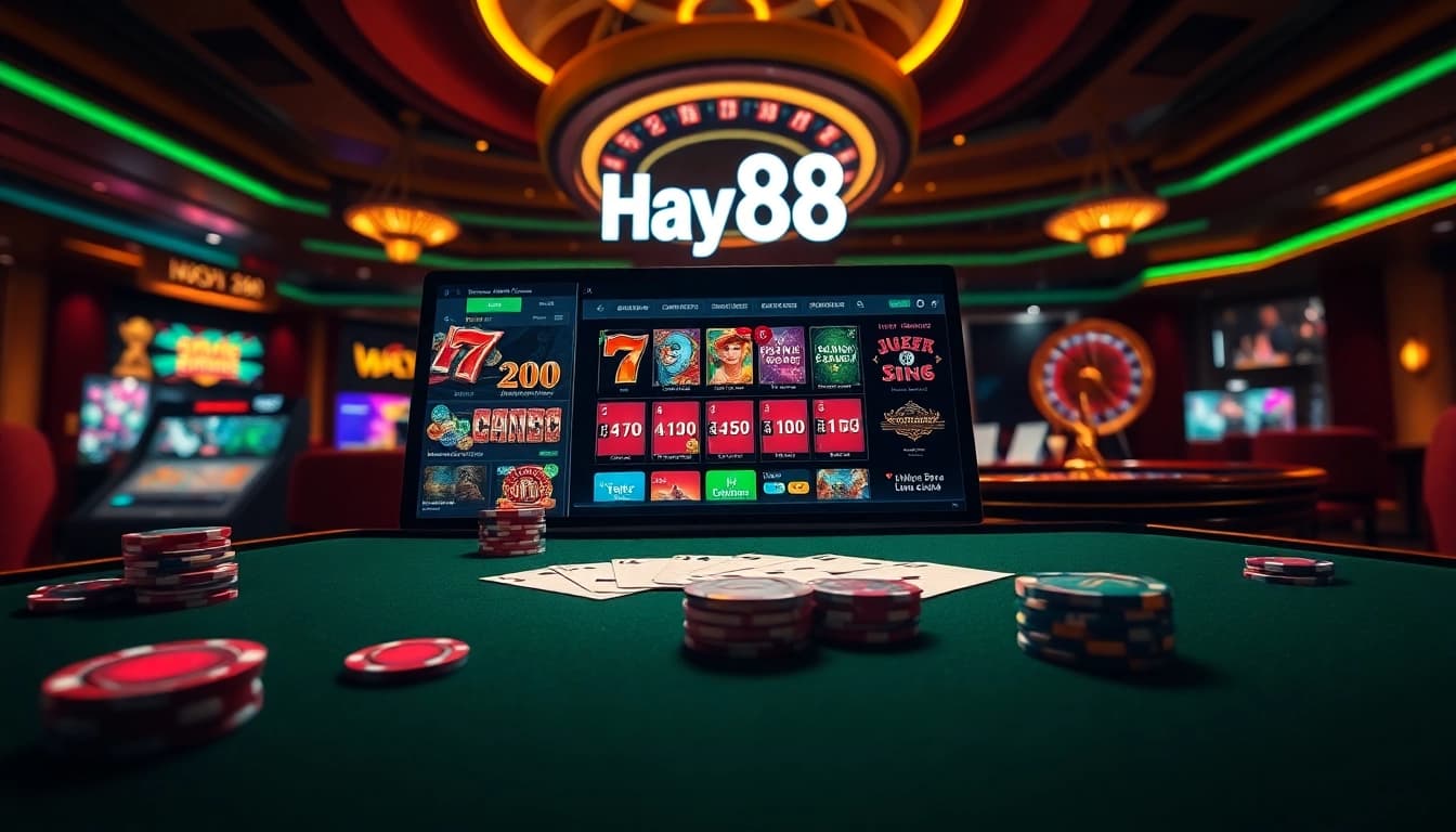 Hay88 casino gaming interface with vibrant visuals of poker chips and roulette wheel.