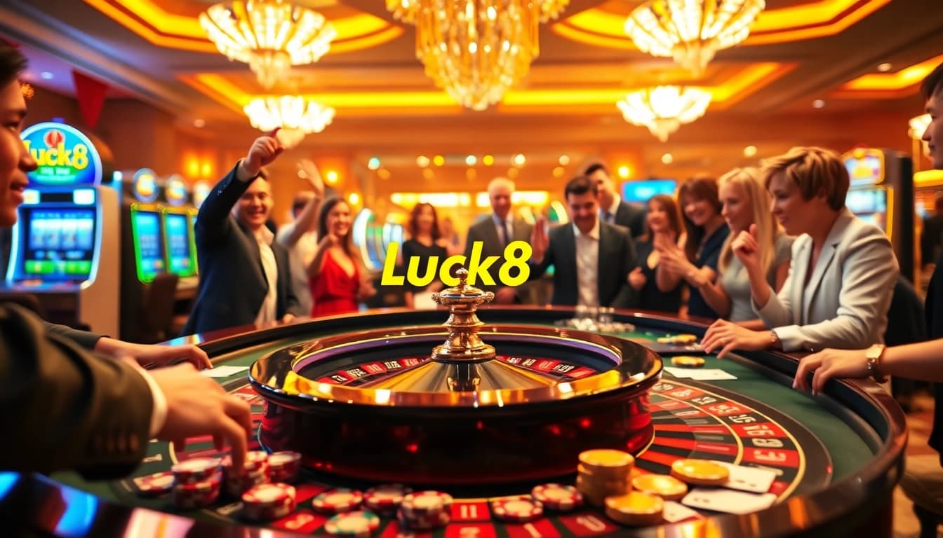 Experience the excitement of Luck8 with gamblers celebrating wins at a lively casino table.