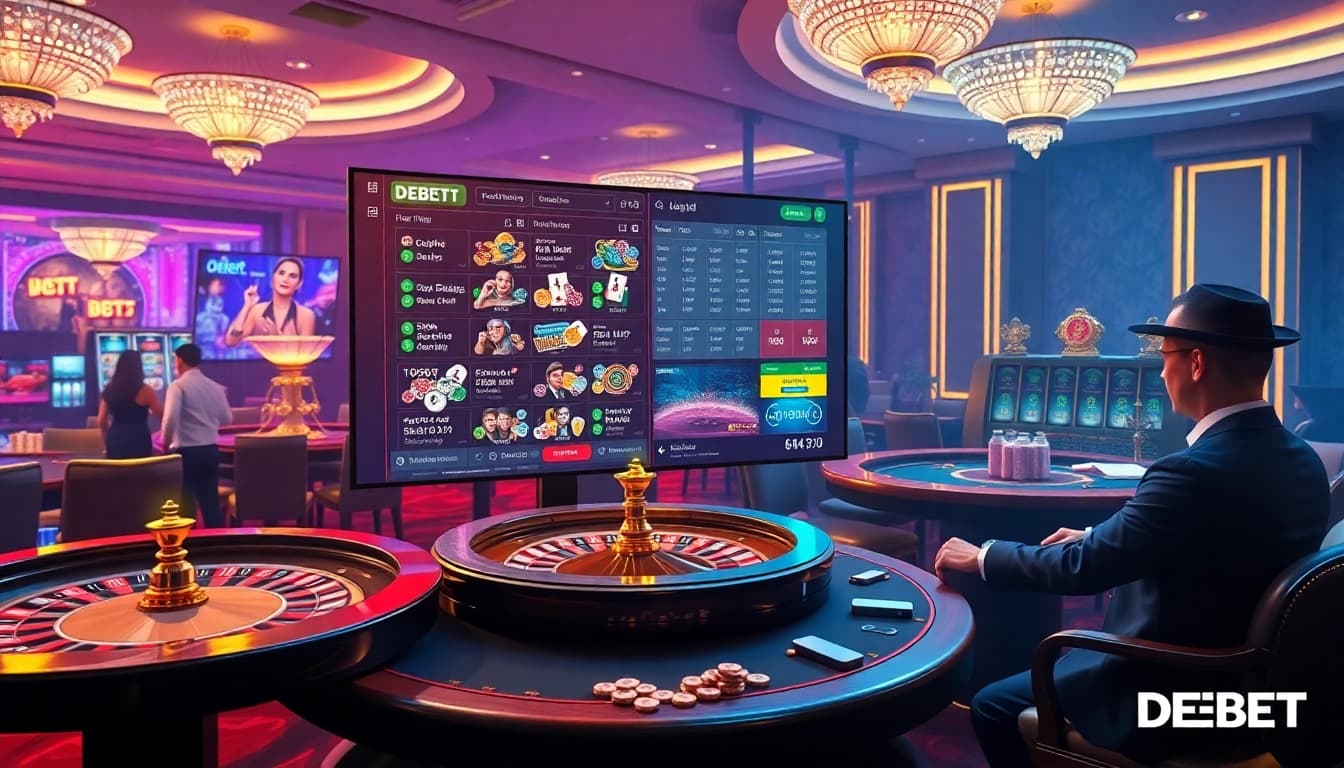 Experience the thrilling DEBET trang chủ gaming atmosphere with vibrant casino elements.