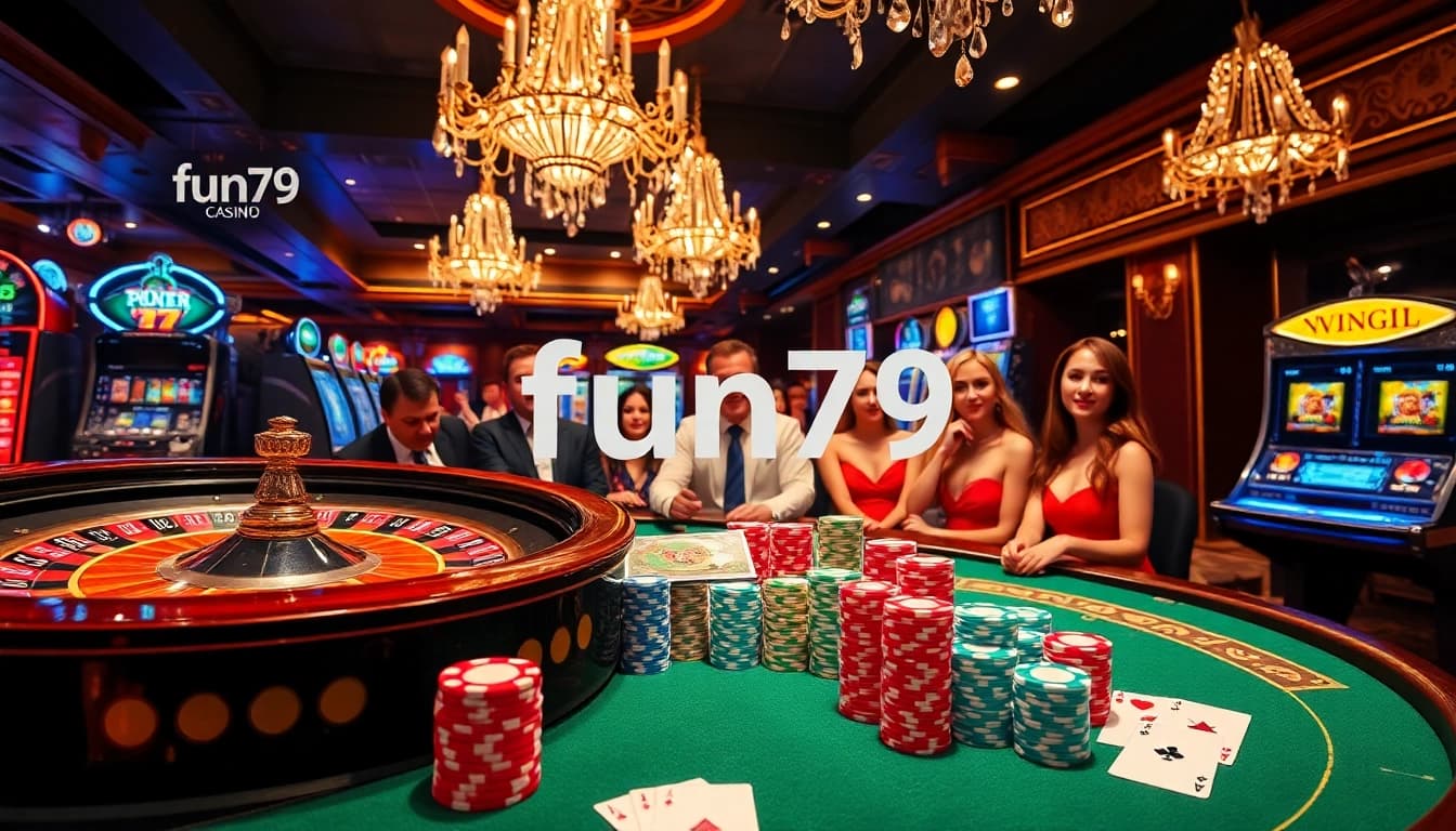 Engaged gamblers enjoying a thrilling experience at fun79 casino tables, surrounded by vibrant gaming elements.