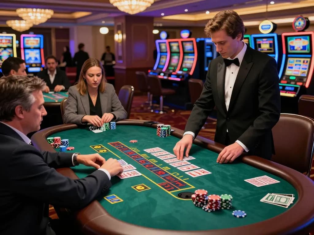 Players engaged at a blackjack table in GG777 casino, showcasing strategic gameplay during an exciting evening.