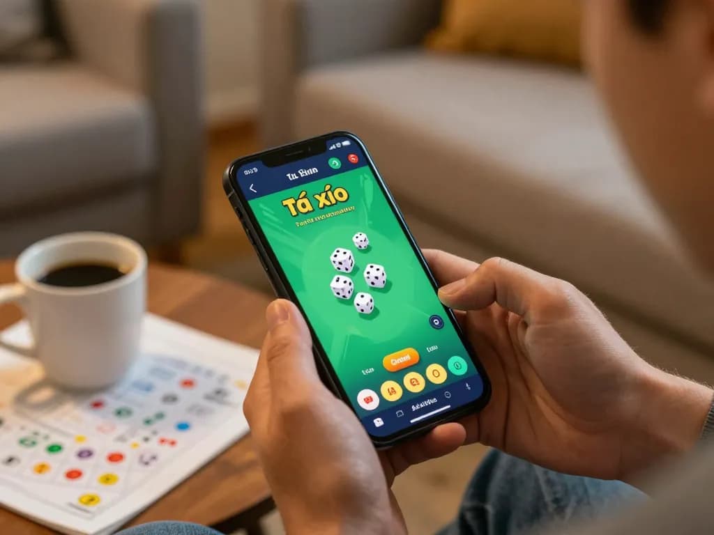 Playing tài xỉu online on a smartphone in a cozy home setting, showcasing responsible gaming practices