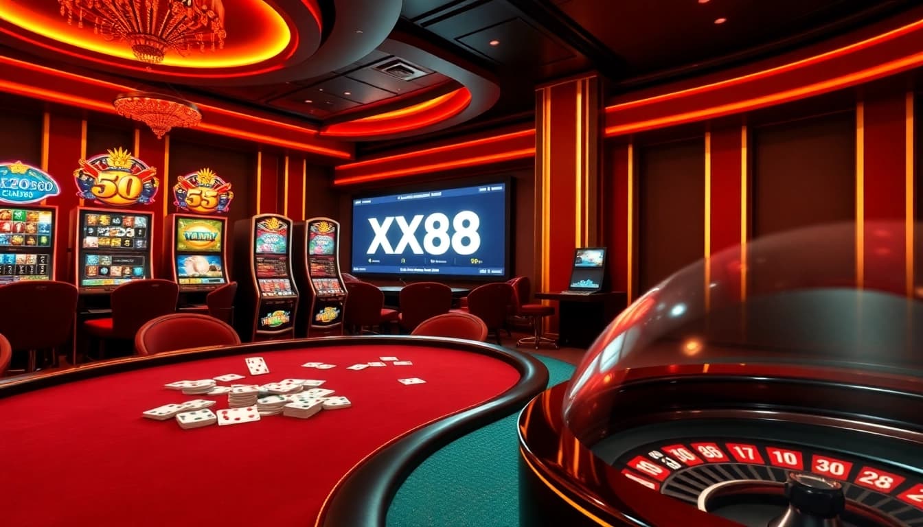 Experience thrilling gameplay at XX88 with poker cards and roulette in a vibrant casino setting.