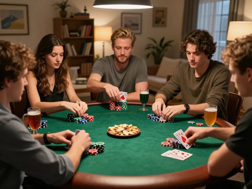 Friends enjoying a lively poker game at home, showcasing sunwin's engaging gameplay experience.