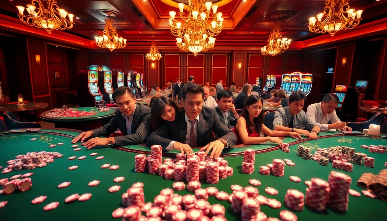 Players experience the thrilling atmosphere of online gambling at https://78winbiz.com/ with vibrant tables and slot machines.