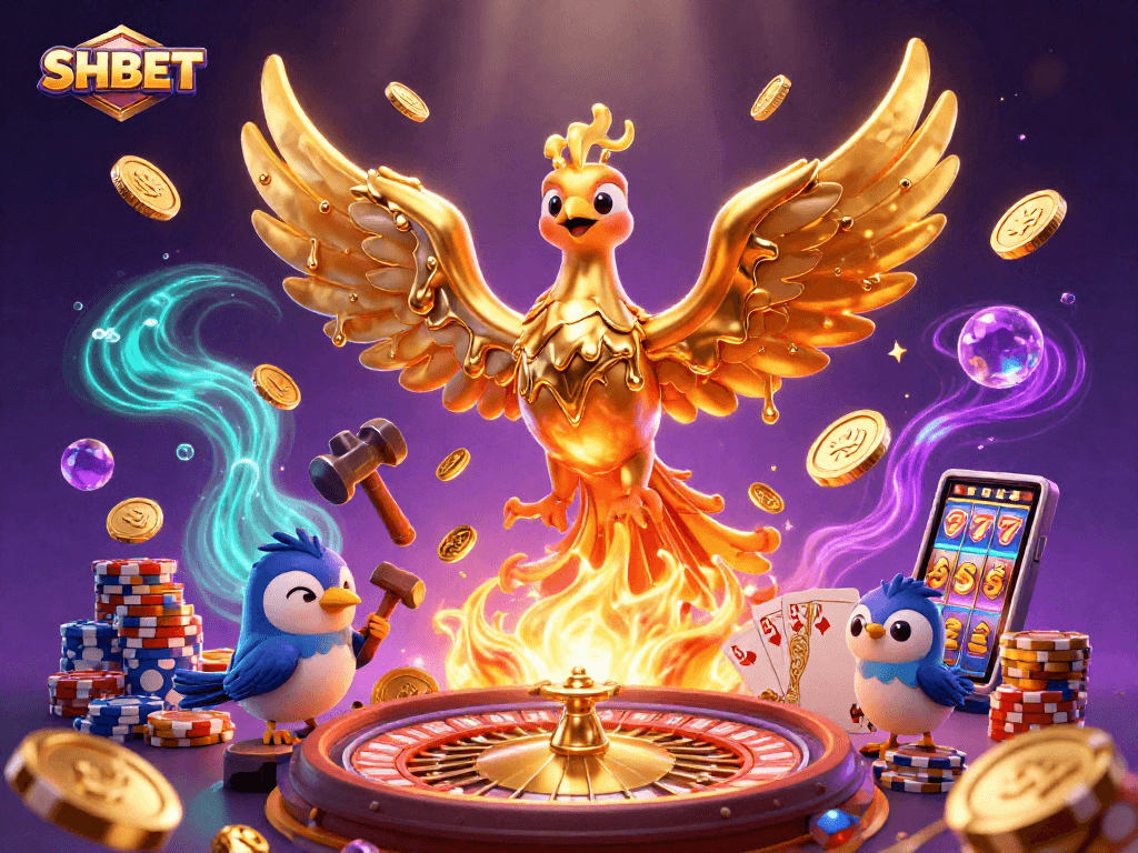 Experience the thrill of SHBET with golden phoenix, coins, and 3D casino action.