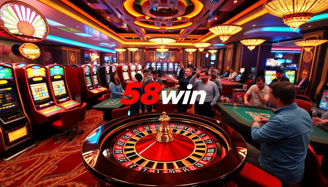 Players enjoying thrilling games at 58win casino with slot machines and poker tables.