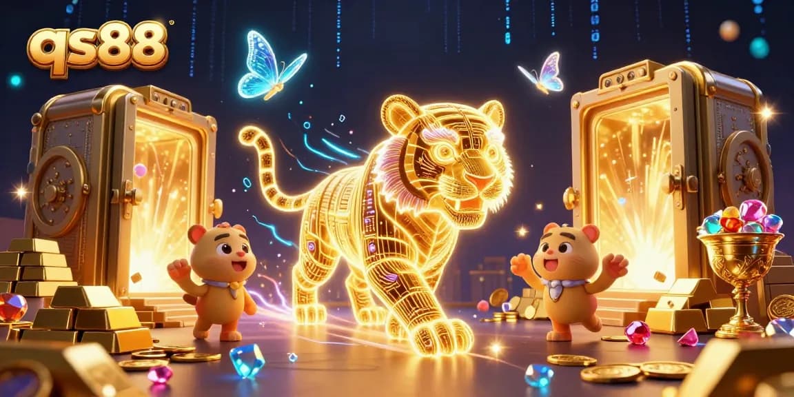 Experience thrilling adventures at qs88 with a dazzling neon tiger and treasure.
