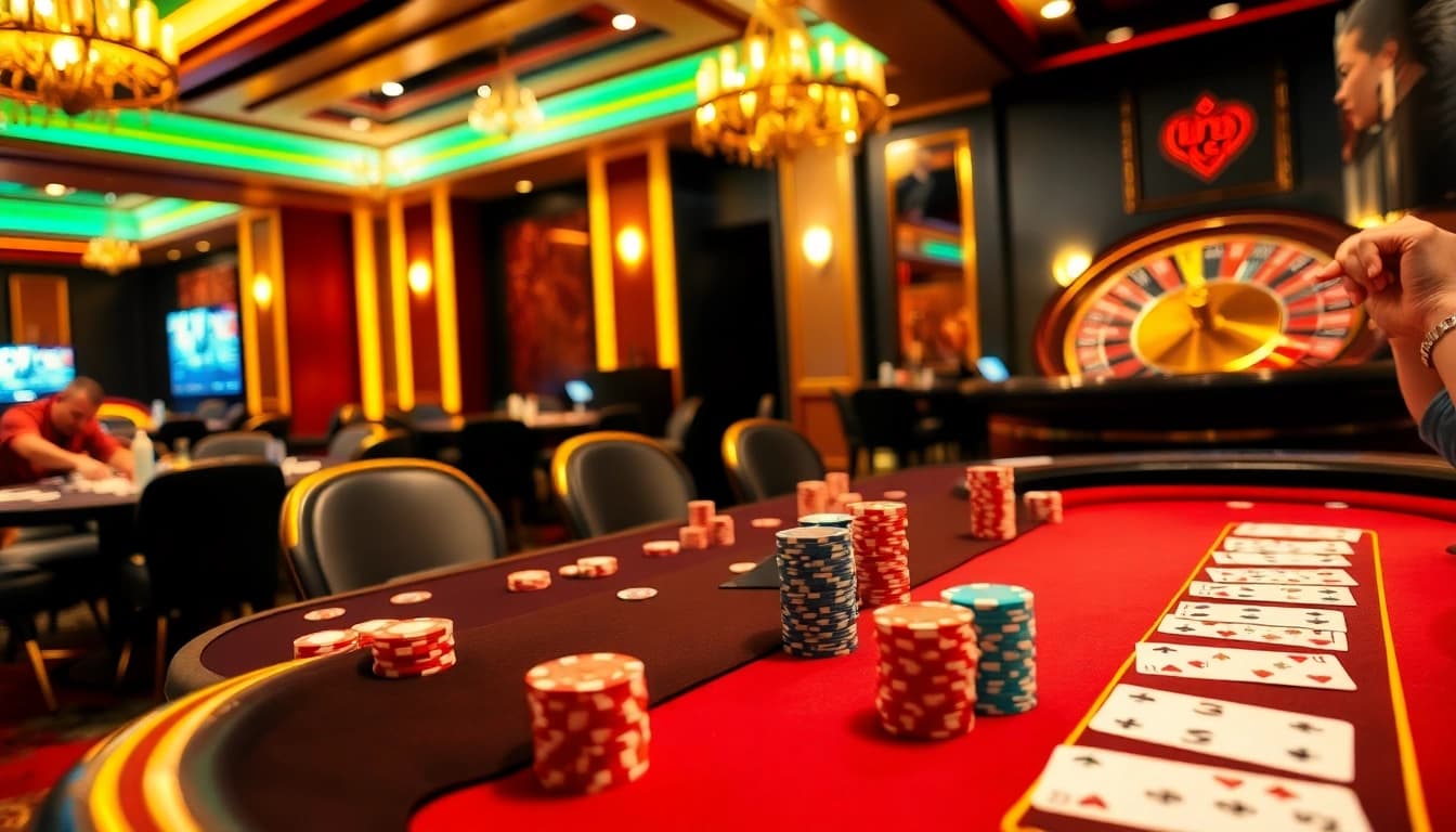 A poker game in a luxurious casino at mb66.nyc with vibrant chips and a spinning roulette wheel.