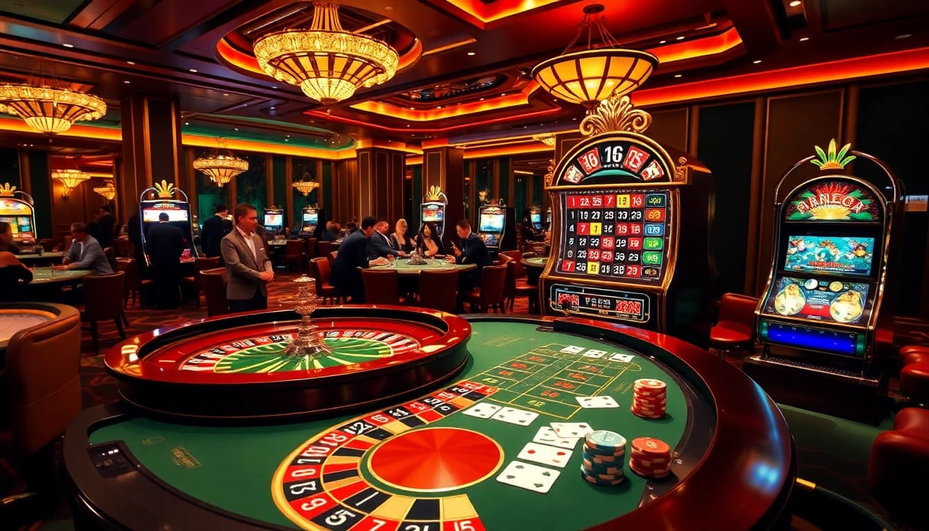 Exciting gaming atmosphere featuring F168 OKVIP's premium roulette and slot machines with eager players.