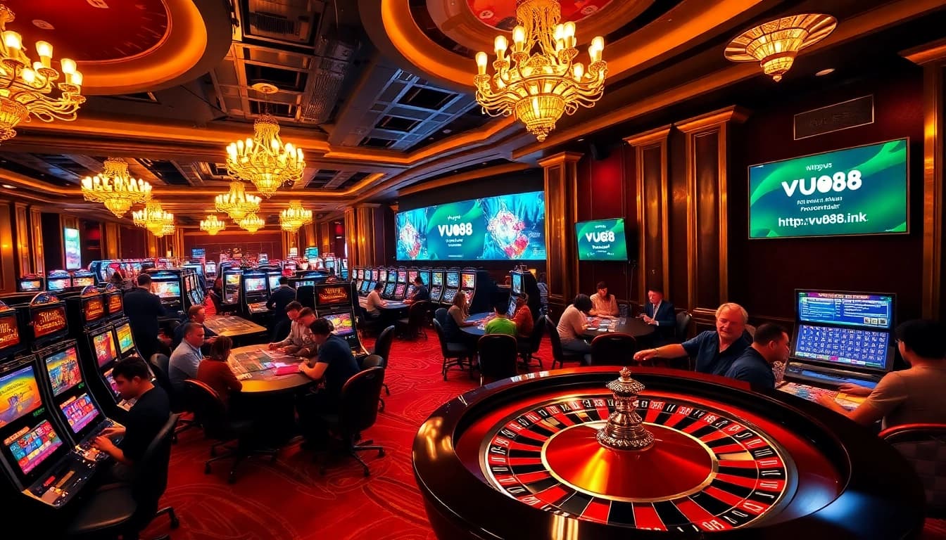 Experience thrilling casino gameplay at https://vu88.ink/ featuring poker tables, roulette wheels, and vibrant slot machines.
