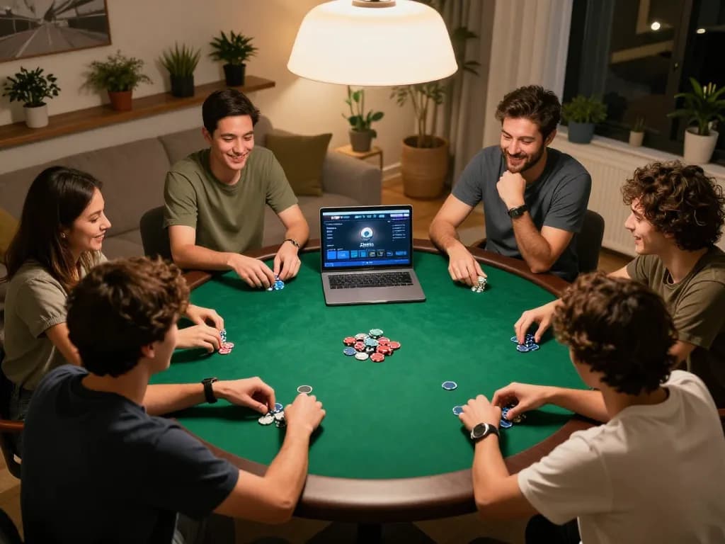 Friends enjoying an online Zowin poker game during a lively home gathering.