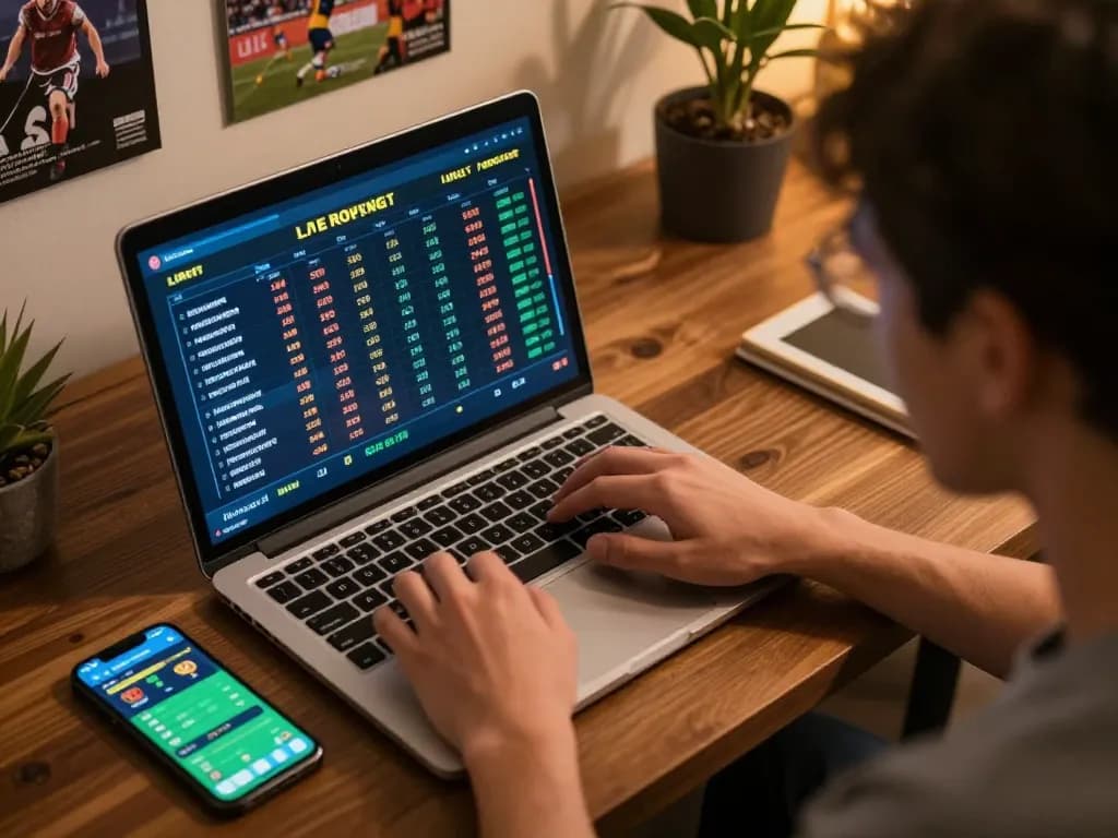Placing bets on 79king sports betting website through laptop and smartphone in a cozy home setup.