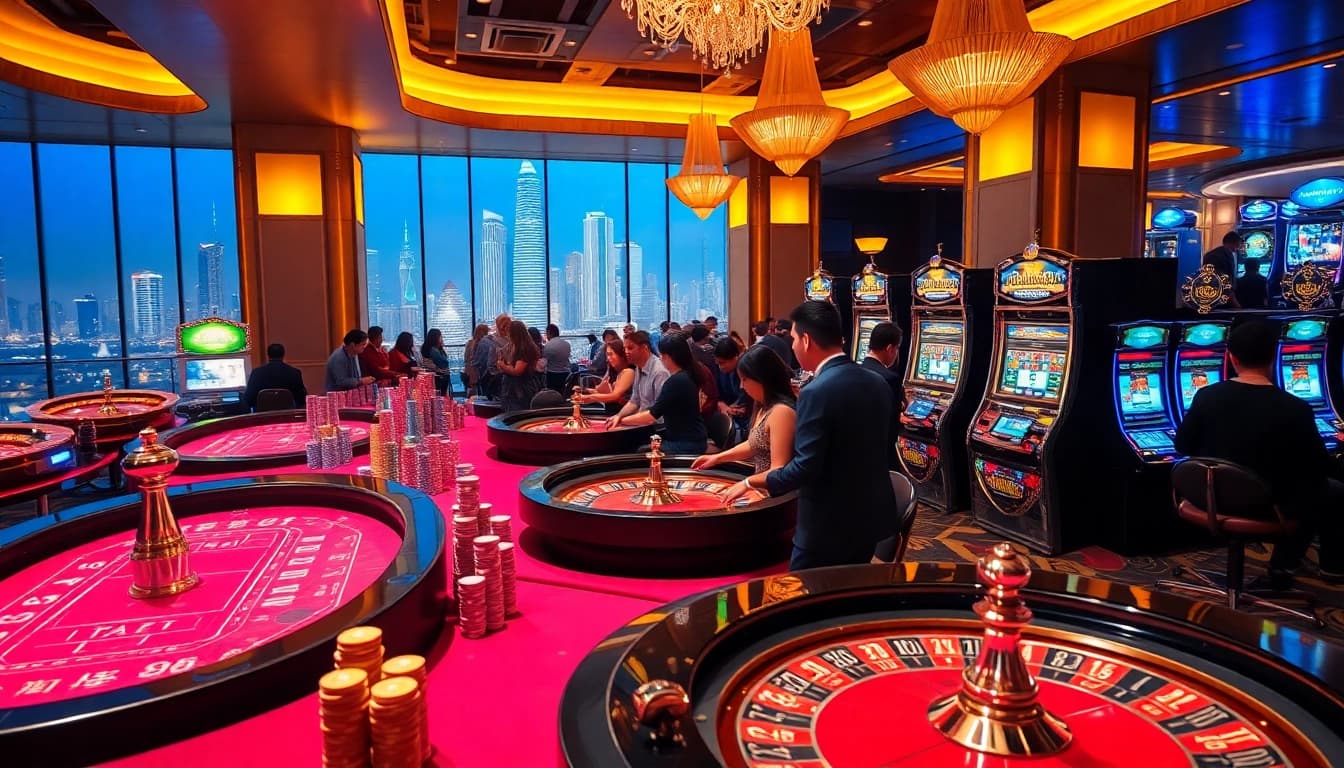 Gambling enthusiasts enjoying thrilling gameplay at a vibrant casino featuring nohu elements.