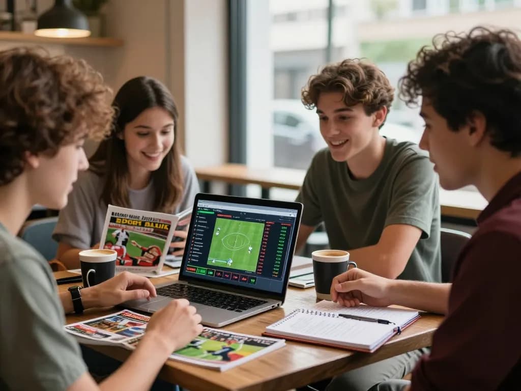 Engaged gamblers reviewing kèo nhà cái at a café, surrounded by coffee and sports materials.