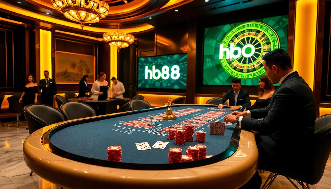 Experience the thrill of hb88 at a luxurious casino table with vibrant poker chips and cards.