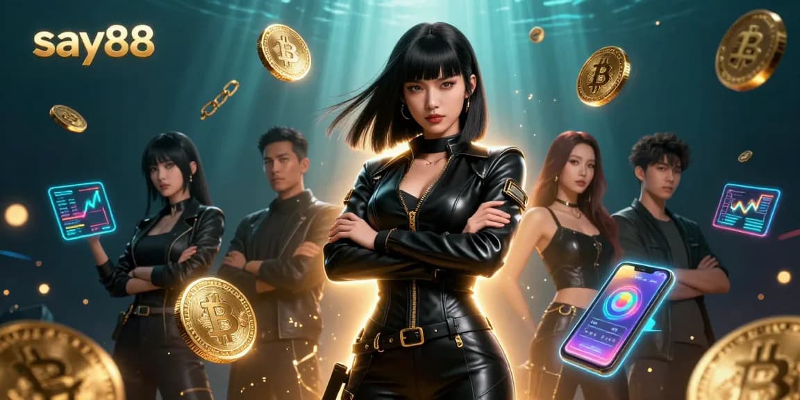 Experience the thrill of say88 casino with vibrant Bitcoin coins and a striking Asian dealer in 3D.