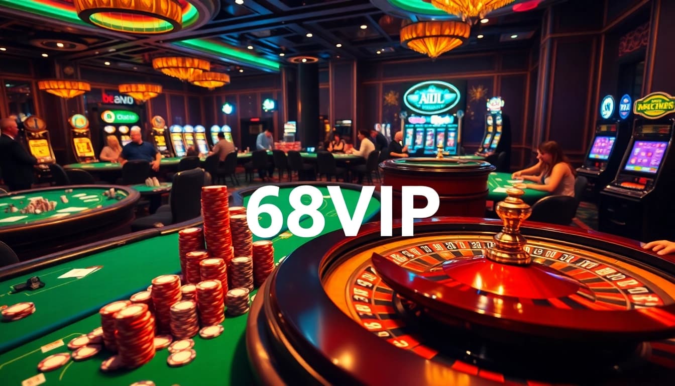 Players enjoying thrilling games at 68VIP's luxurious casino tables with vibrant poker chips.