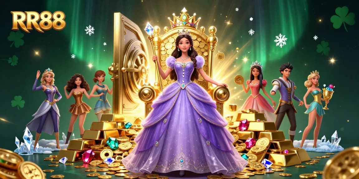 Engage with RR88's stunning casino adventures, featuring a captivating princess with gold treasures and dazzling gems.