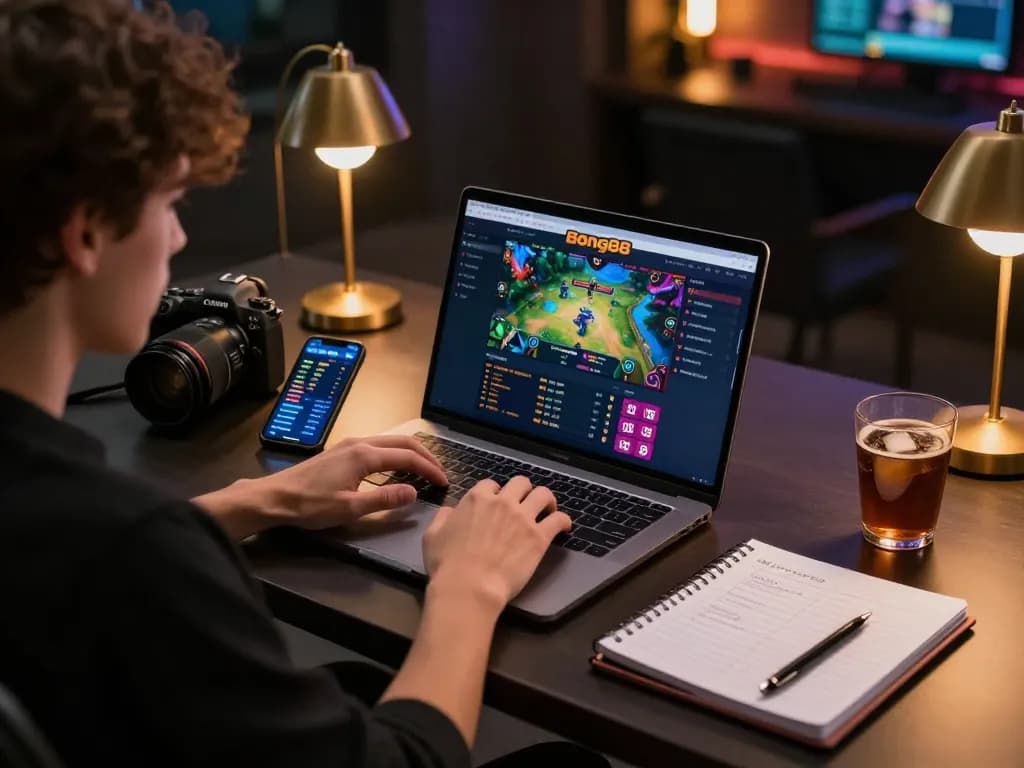 Engaging online gaming experience with Bong88, showing user betting on laptop with strategy notes nearby.