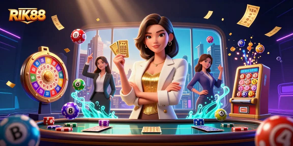 Engage in RIK88's stunning casino experience with our glamorous character wielding cards.