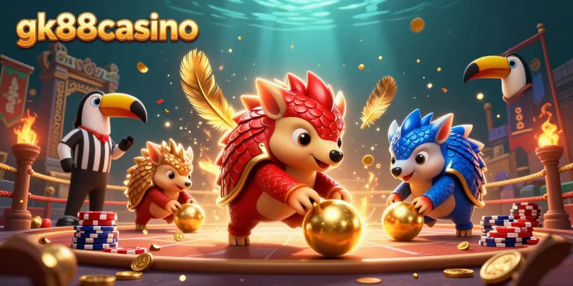 Engage with the thrilling world of gk88casino as pangolins playfully roll golden balls amidst poker chips.