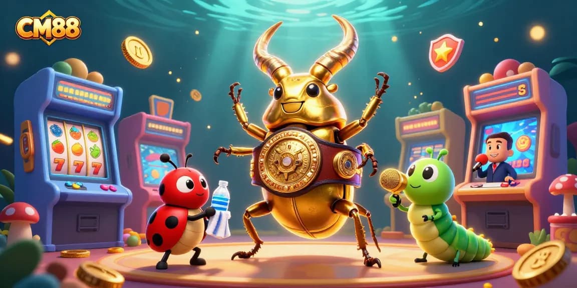 Experience thrilling wins with CM88 in a vibrant and rich 3D casino illustration featuring unique characters.