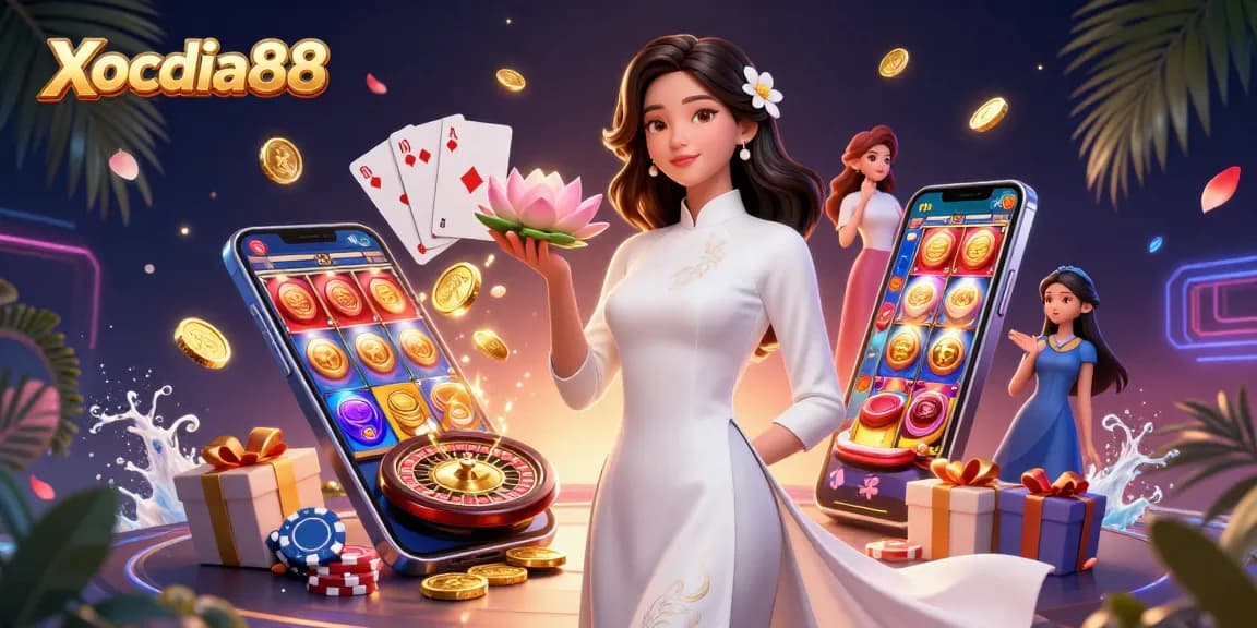 Xocdia88 captures the thrill of online gaming with a serene Asian woman amidst dynamic casino elements.