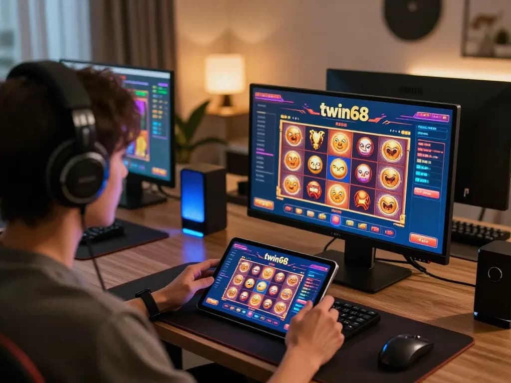 Engaging in twiin68 casino gameplay on a tablet in a modern home setup with ambient lighting