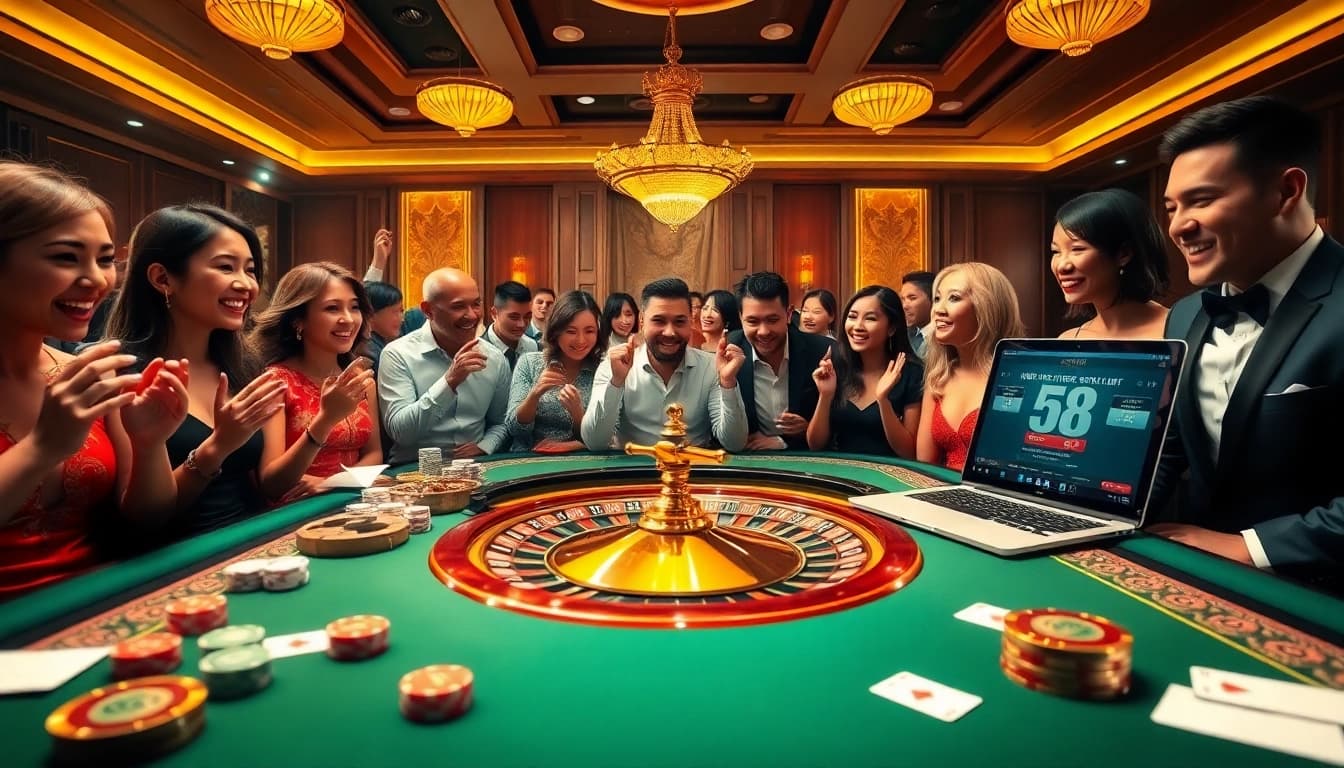 Players enjoying a thrilling game at 58win casino table with cards and chips.