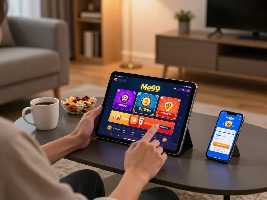 Play the Me99 casino app on a tablet in a cozy home setting, showcasing engaging gameplay and bonuses.