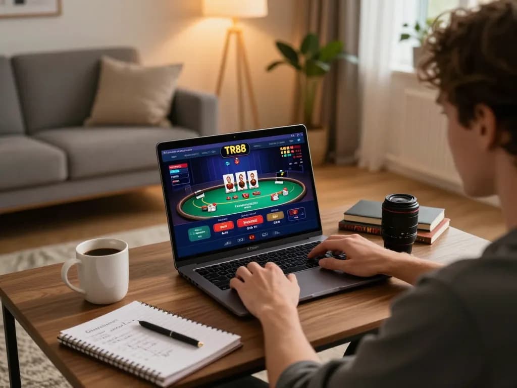 Player using TR88 casino platform on a laptop in a cozy modern living room