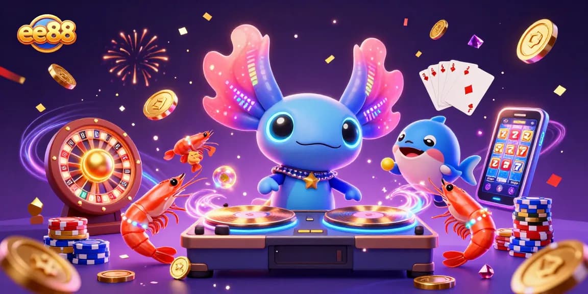 Spin the reels with ee88 as the vibrant axolotl DJ spins tracks amidst dazzling casino elements.